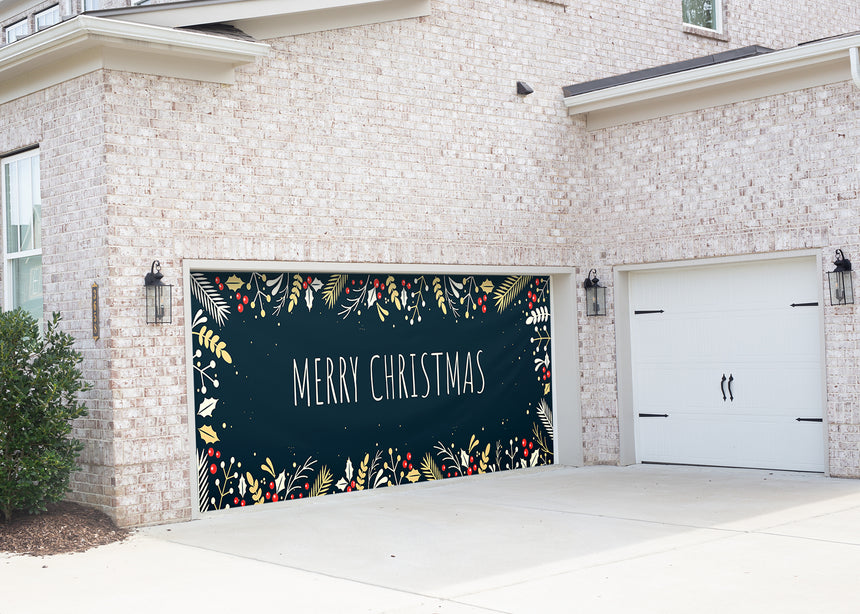 Holly Border Christmas Garage Door Banner