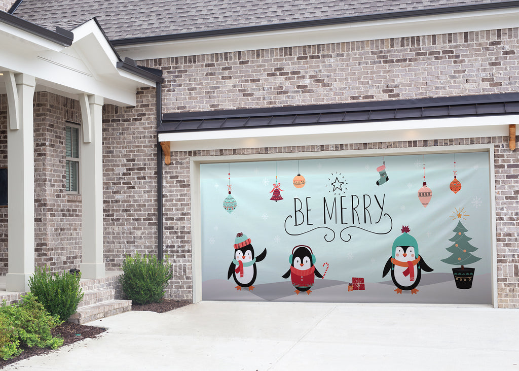 Be Merry Penguins Christmas Garage Door Banner