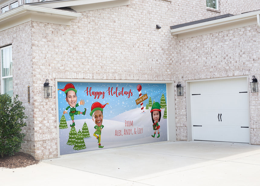 Big Head 3 Merry Elves Christmas Garage Door Banner