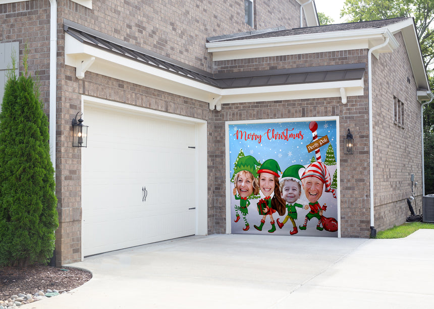 Big Head 4 Merry Elves Christmas Garage Door Banner