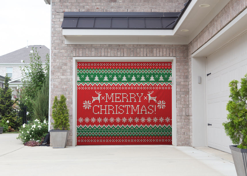 Needlepoint Green & Red Merry Christmas Christmas Garage Door Banner