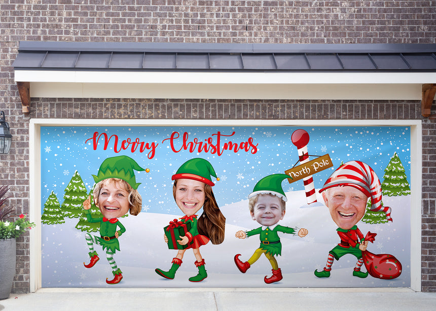 Big Head 4 Merry Elves Christmas Garage Door Banner