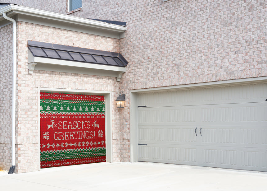 Needlepoint Green & Red Seasons Greetings Christmas Garage Door Banner